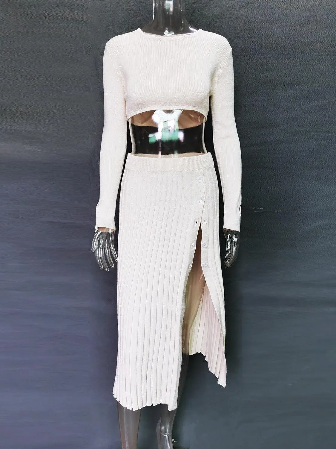 Knitted Slit Sweater Crop Top & Pleated Skirt Set