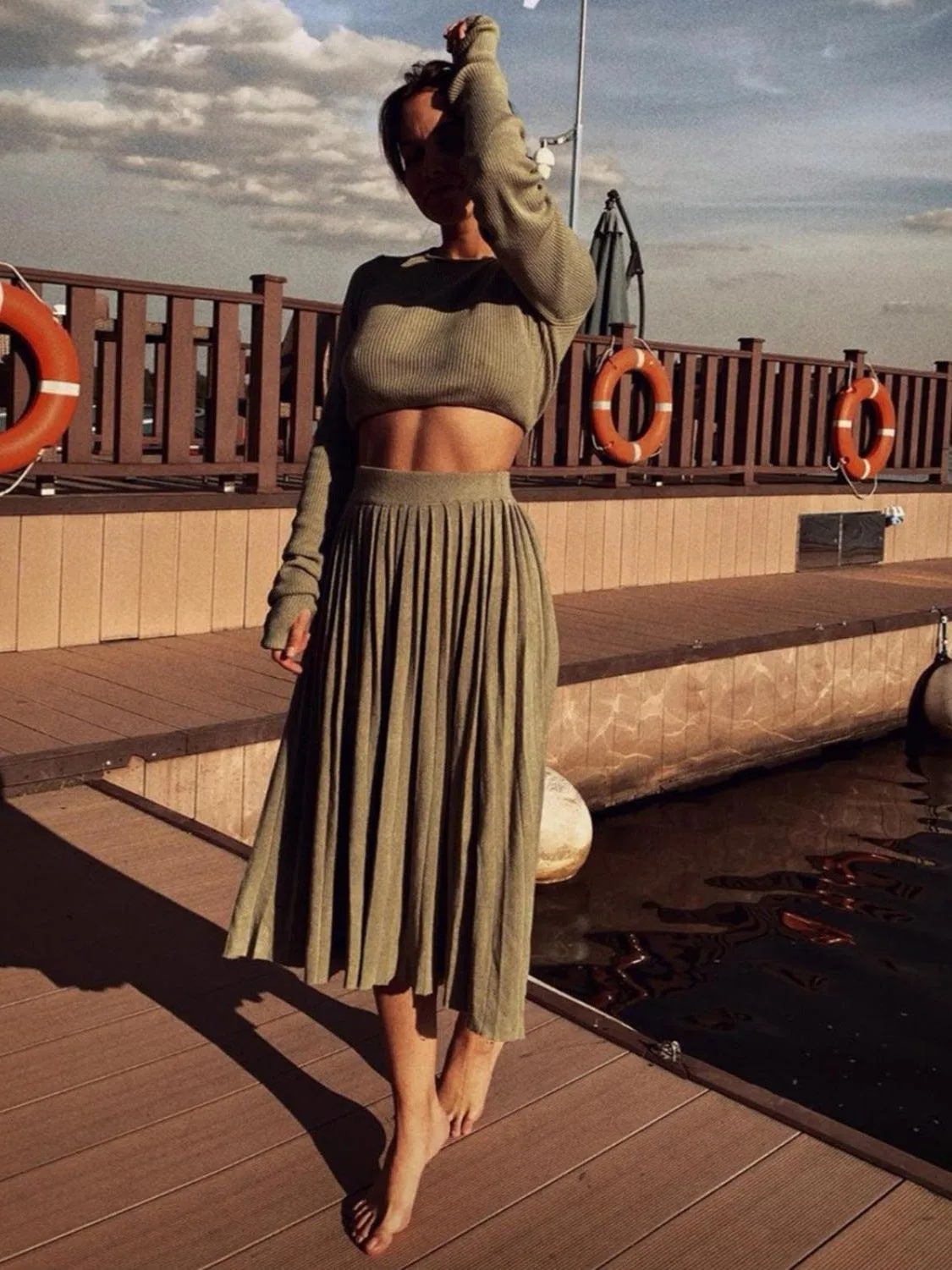 Knitted Slit Sweater Crop Top & Pleated Skirt Set