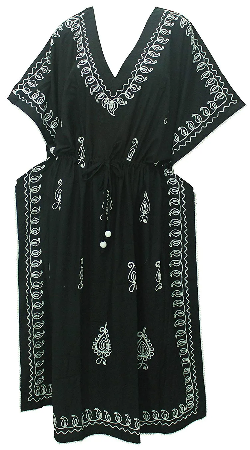 LA LEELA PV Solid Long Caftan Swimsuit Dress Womens Black_985 OSFM 14-18W [L-2X]