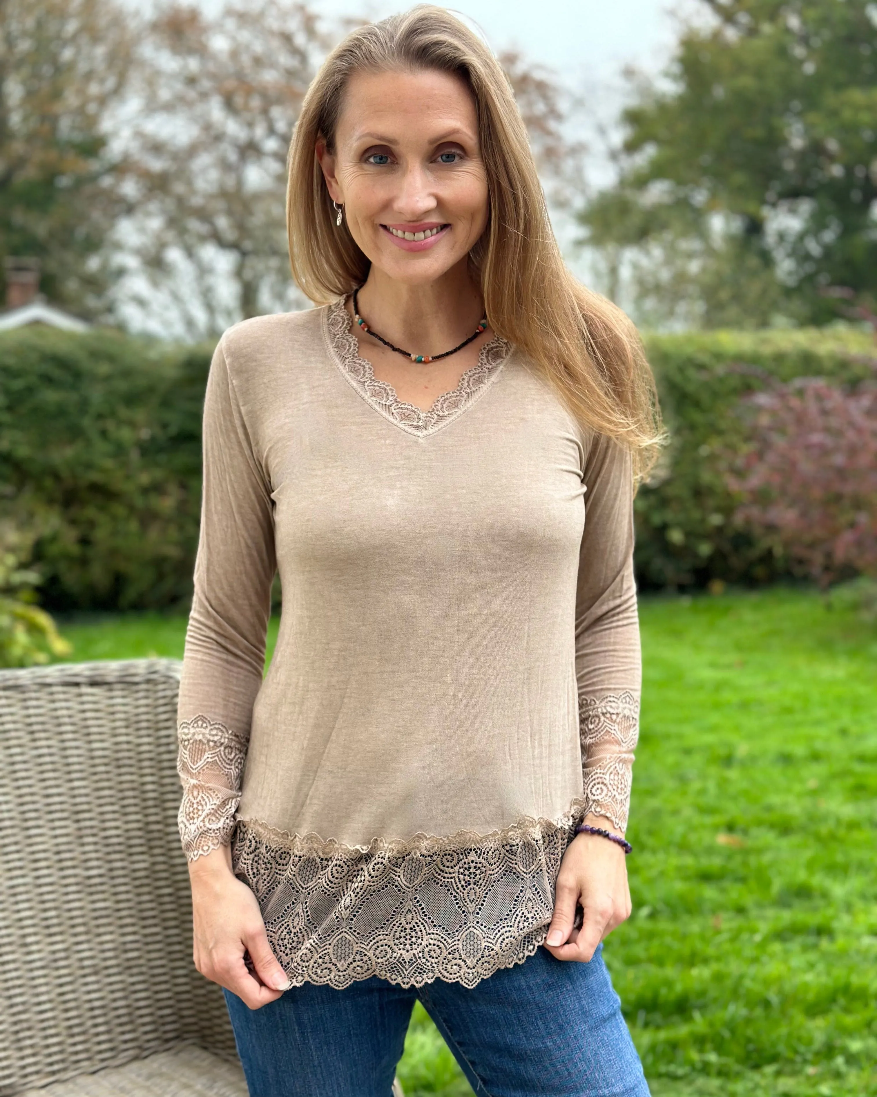 Lace Detail Long Sleeved Top - Pale Caramel