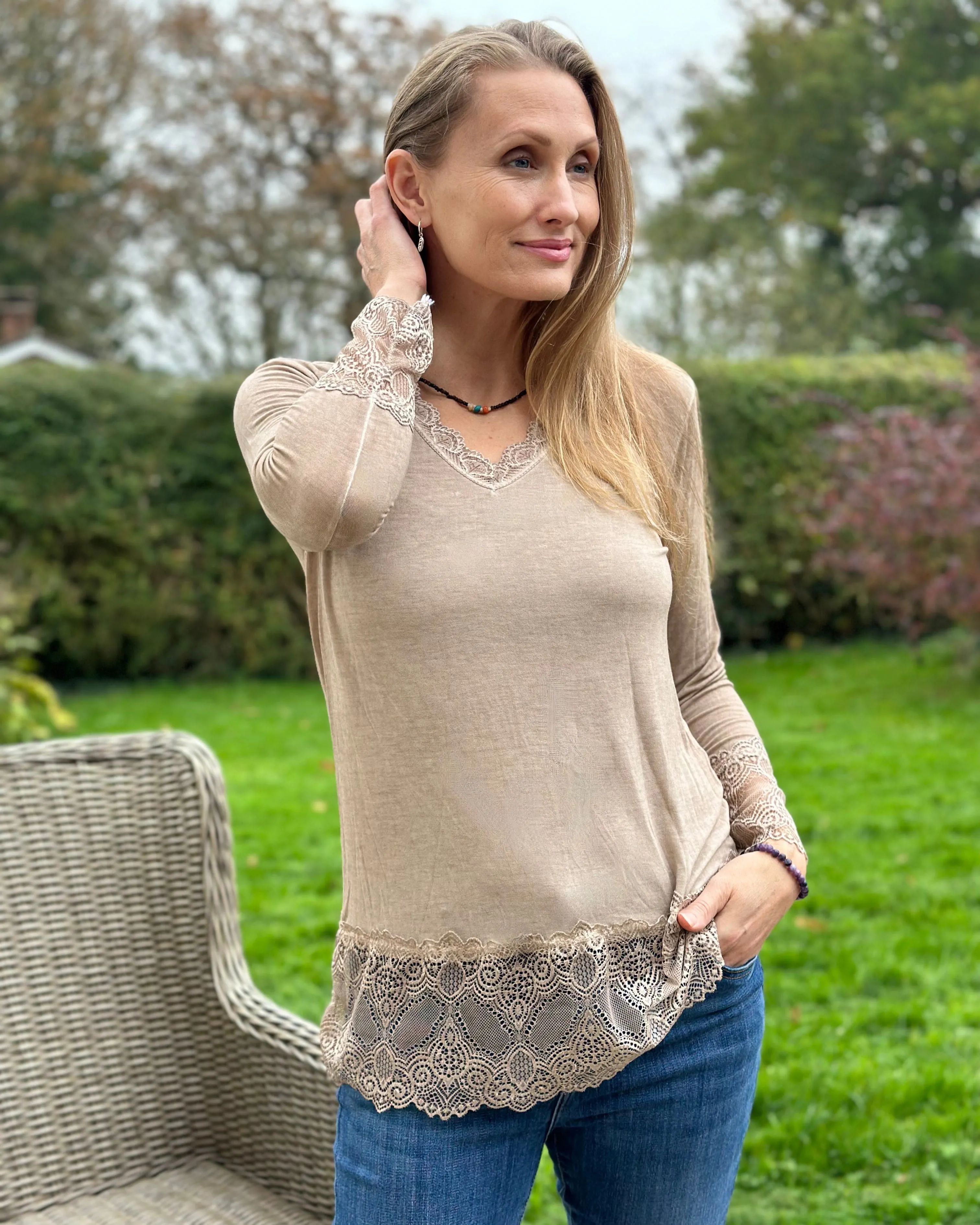 Lace Detail Long Sleeved Top - Pale Caramel