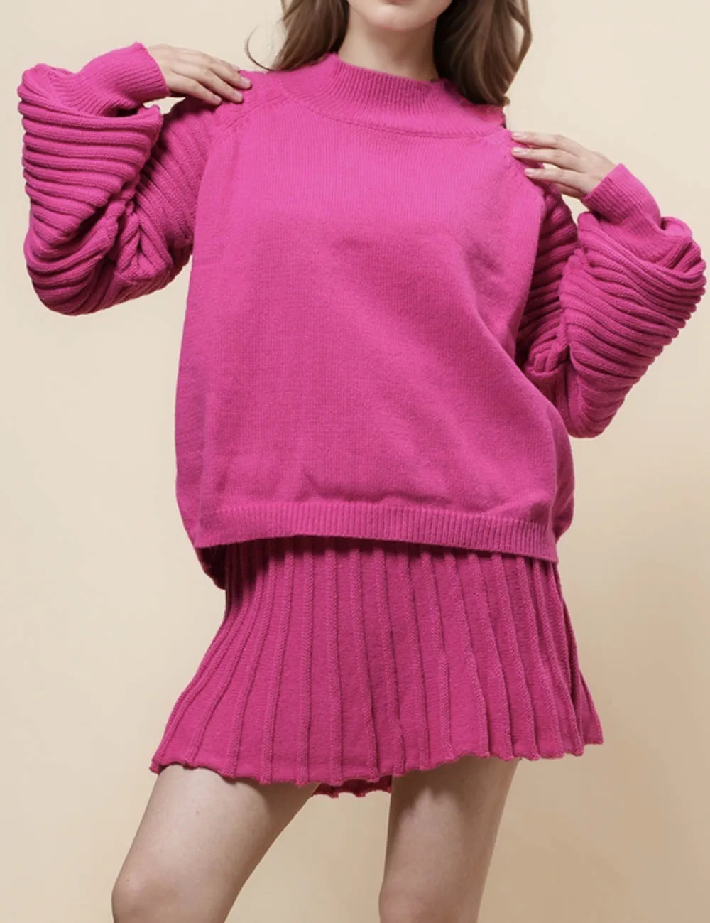 Ladies Pullover Sweater Top & Mini Pleated Skirt Set SKST41008