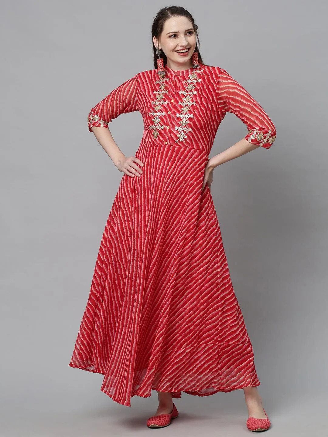 Leheriya Printed & Embroidered A-Line Flared Maxi Dress - Red