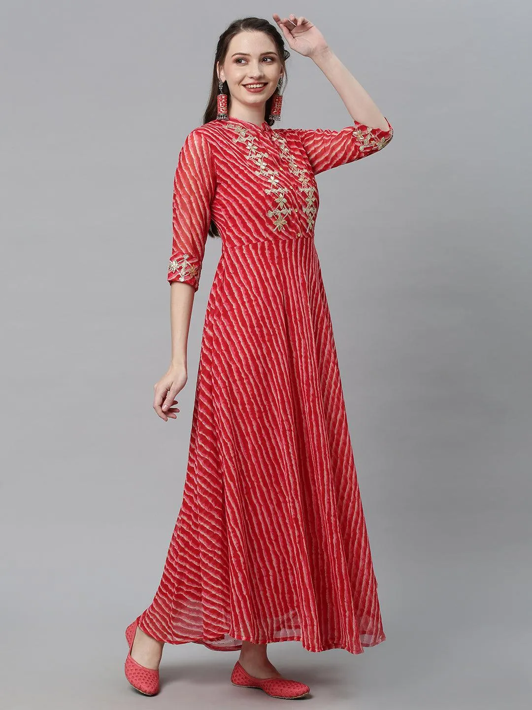 Leheriya Printed & Embroidered A-Line Flared Maxi Dress - Red