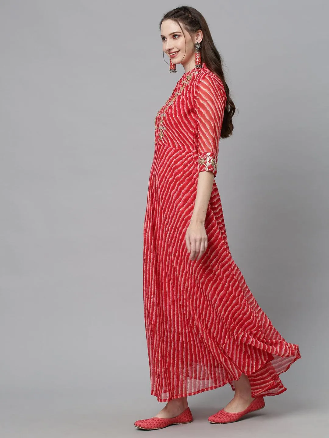 Leheriya Printed & Embroidered A-Line Flared Maxi Dress - Red