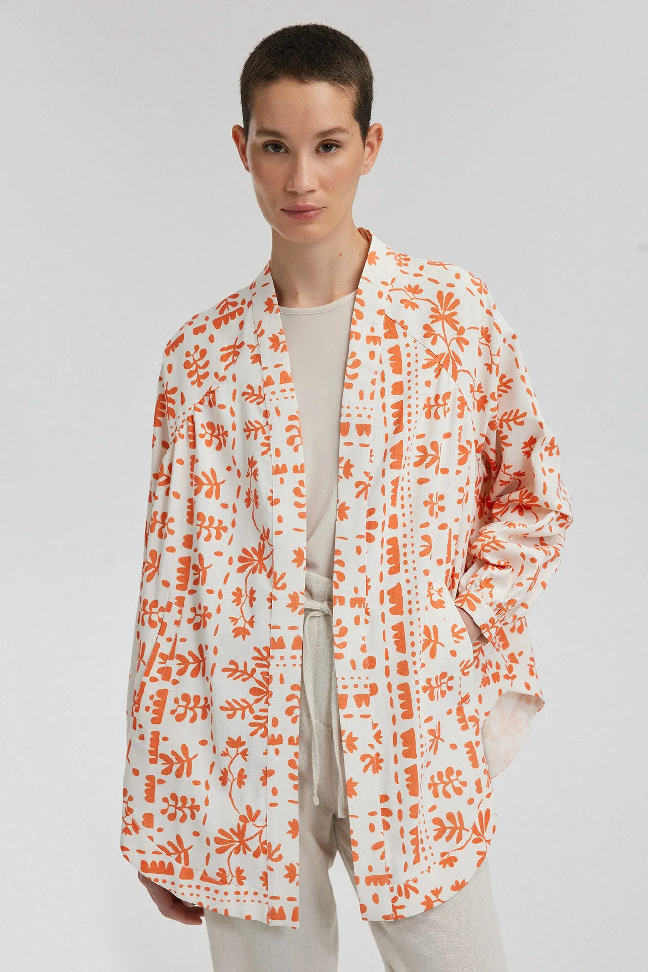 LINEN TEXTURED PATTERNED KIMONO