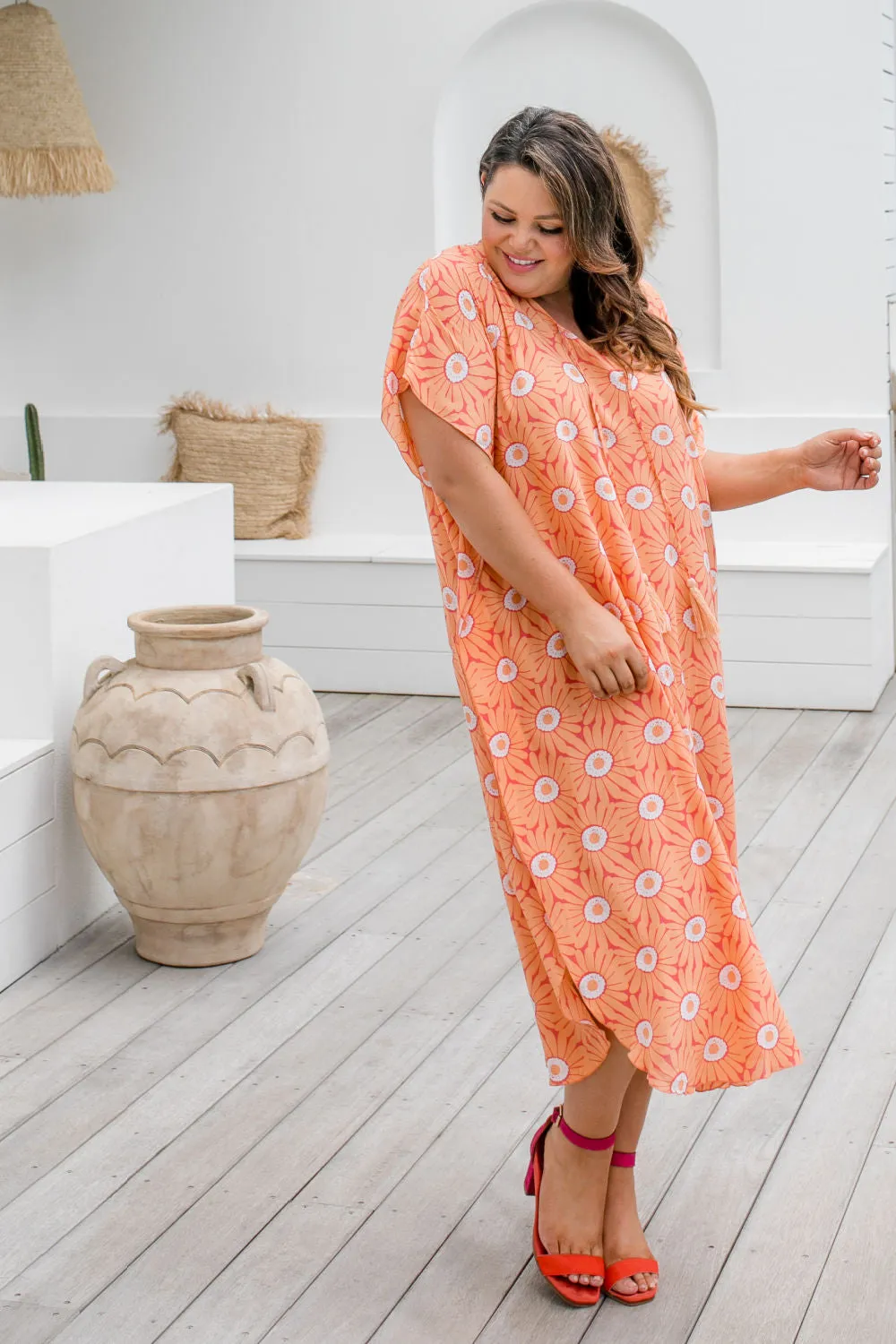 Long Kaftan Dress - Peach Flower