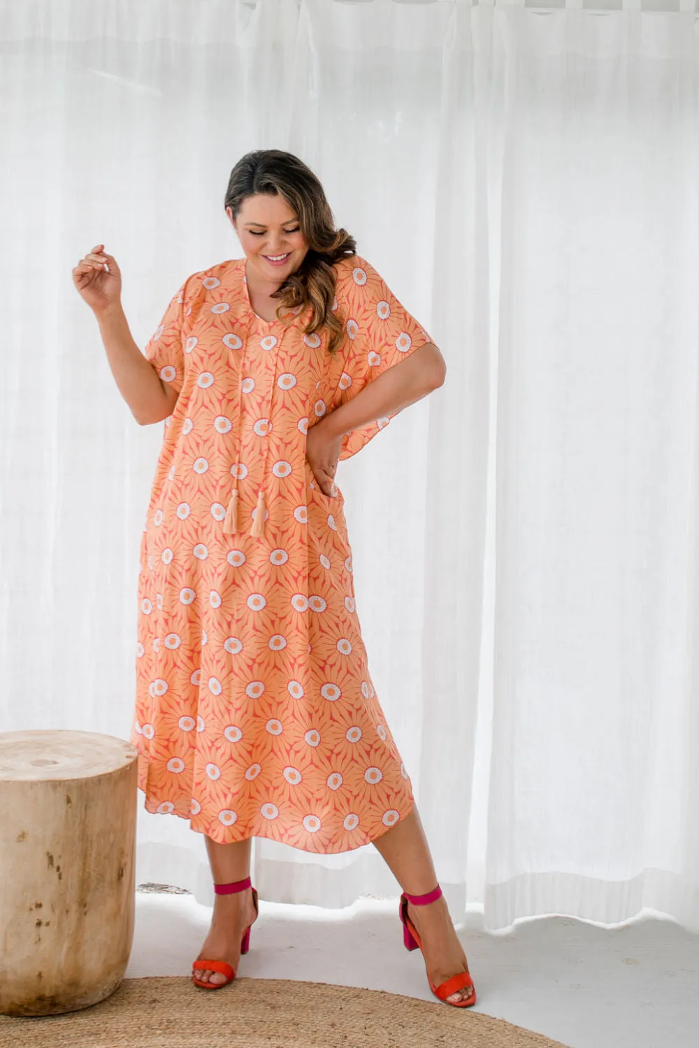 Long Kaftan Dress - Peach Flower