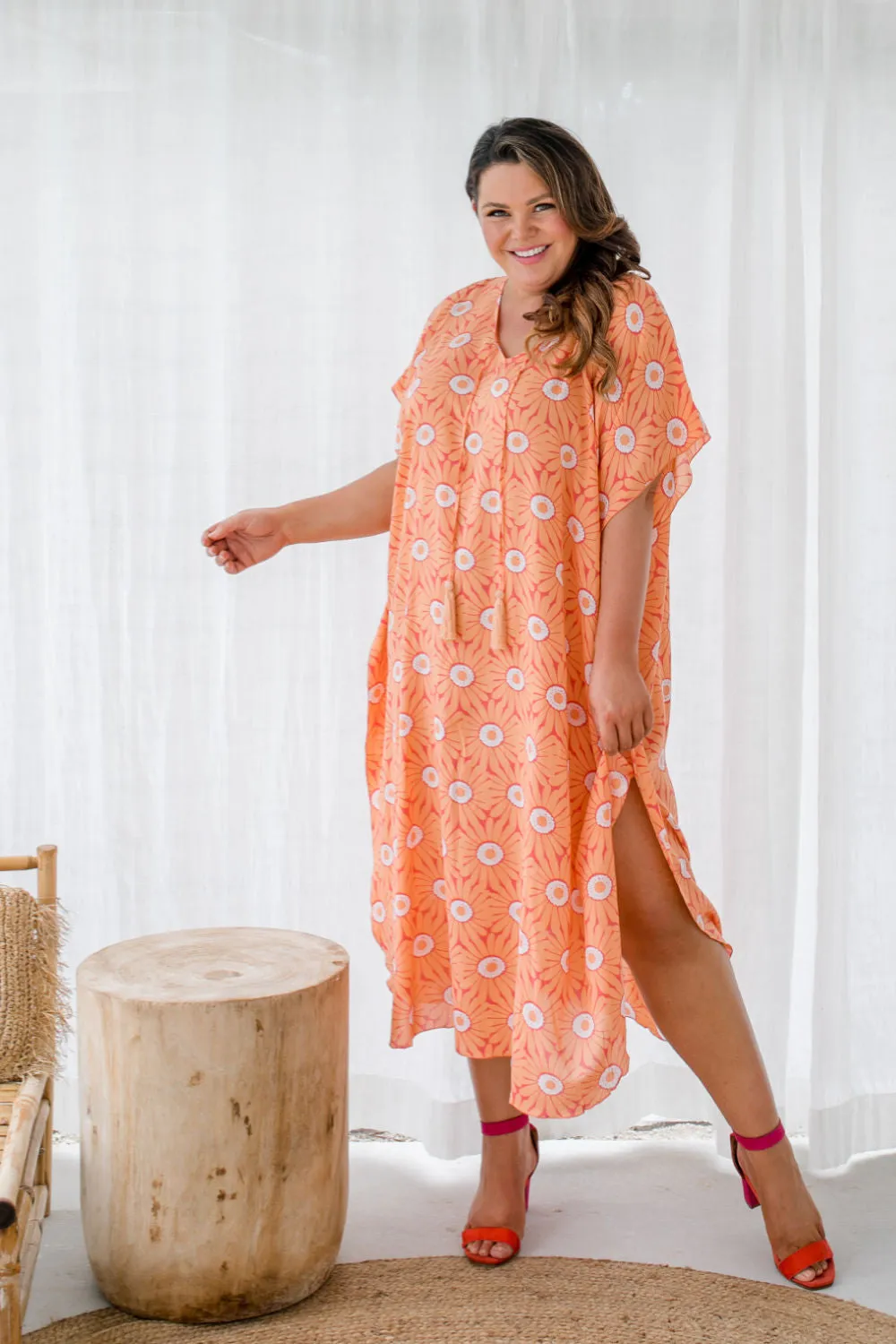 Long Kaftan Dress - Peach Flower