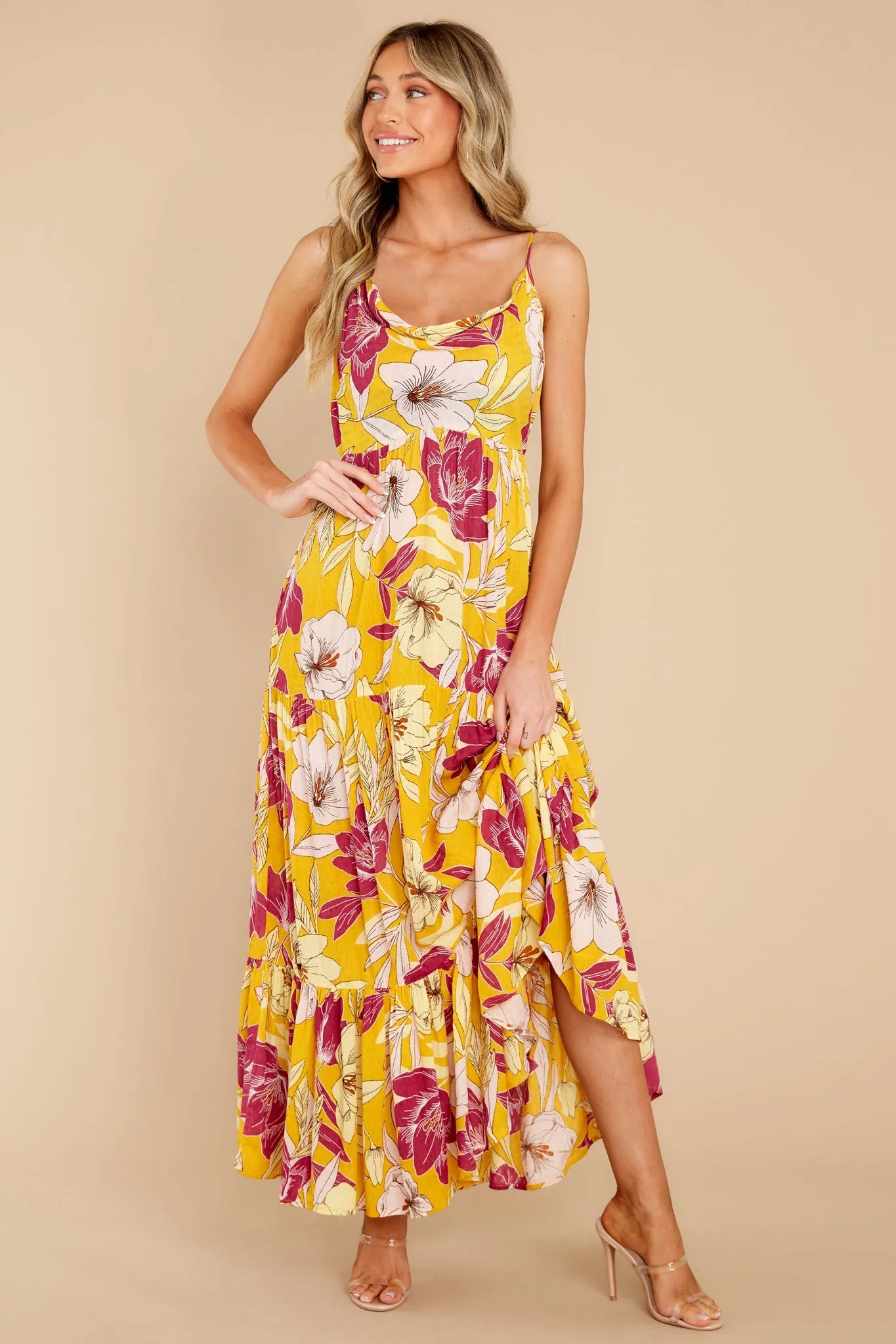 Lovescape Gold Floral Cowl Neck Maxi Dress