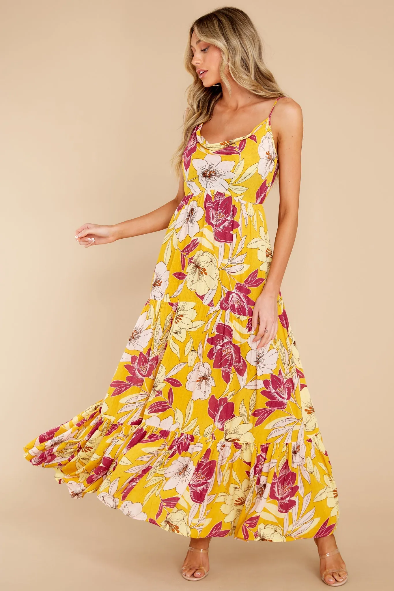 Lovescape Gold Floral Cowl Neck Maxi Dress