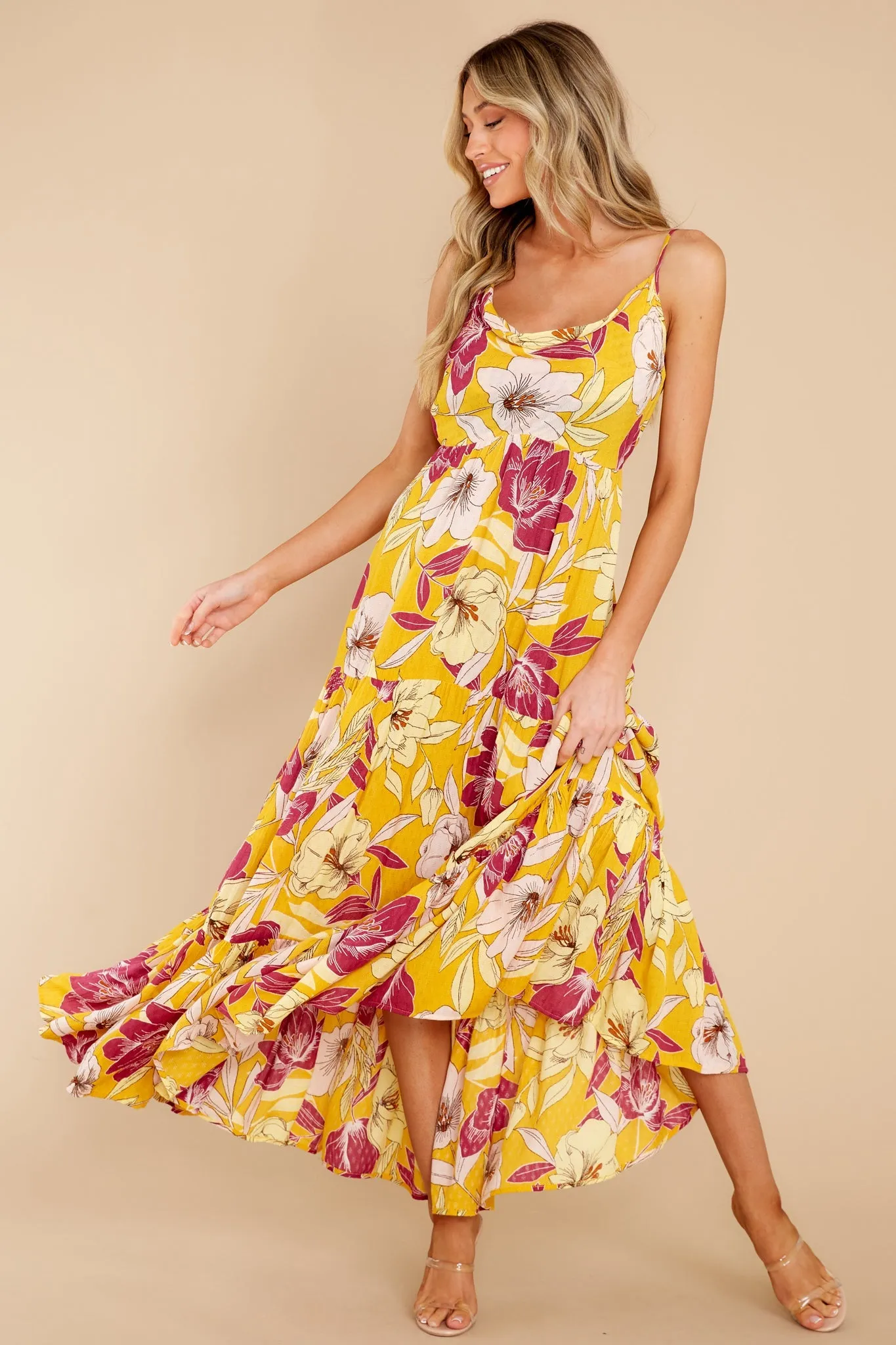 Lovescape Gold Floral Cowl Neck Maxi Dress