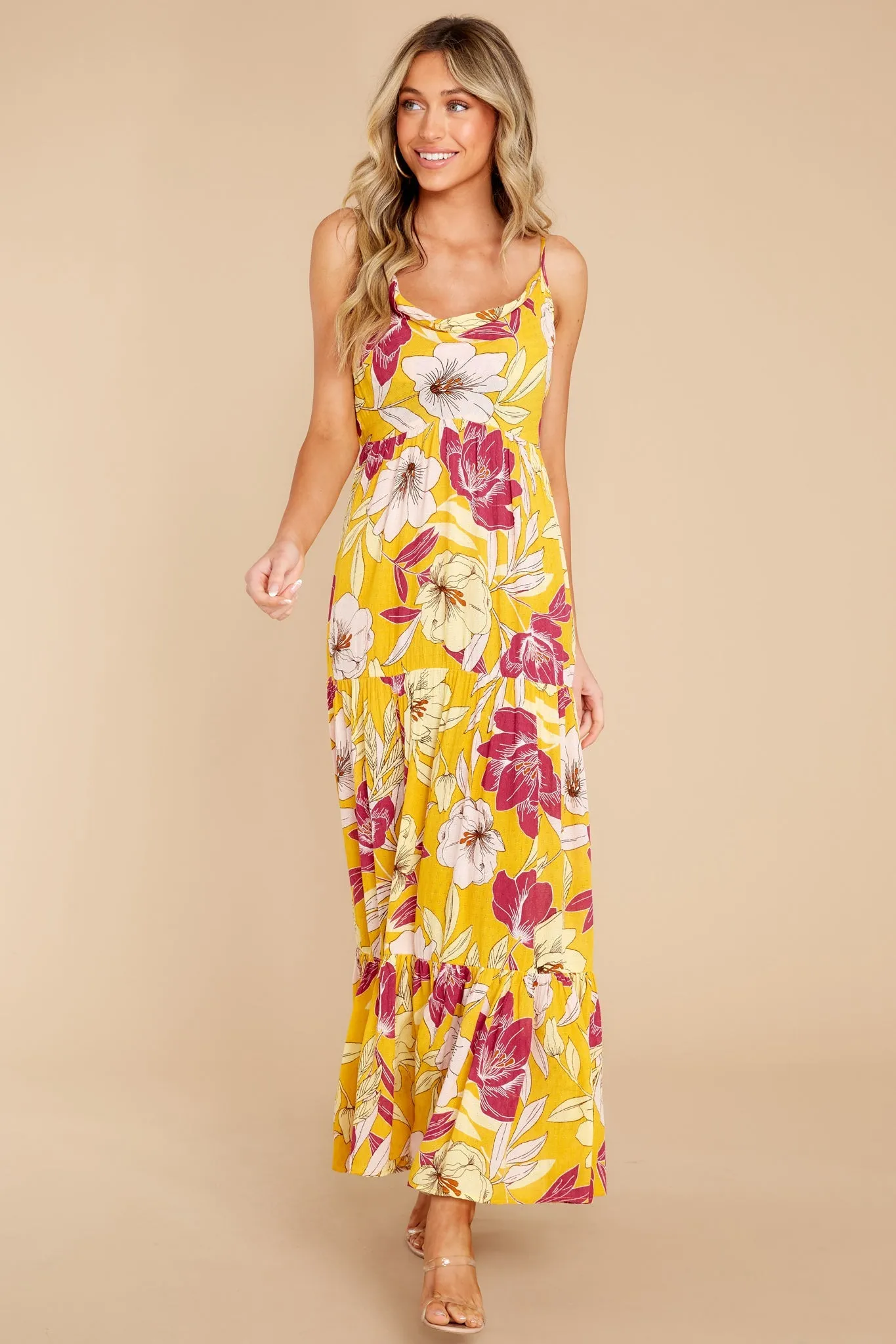 Lovescape Gold Floral Cowl Neck Maxi Dress