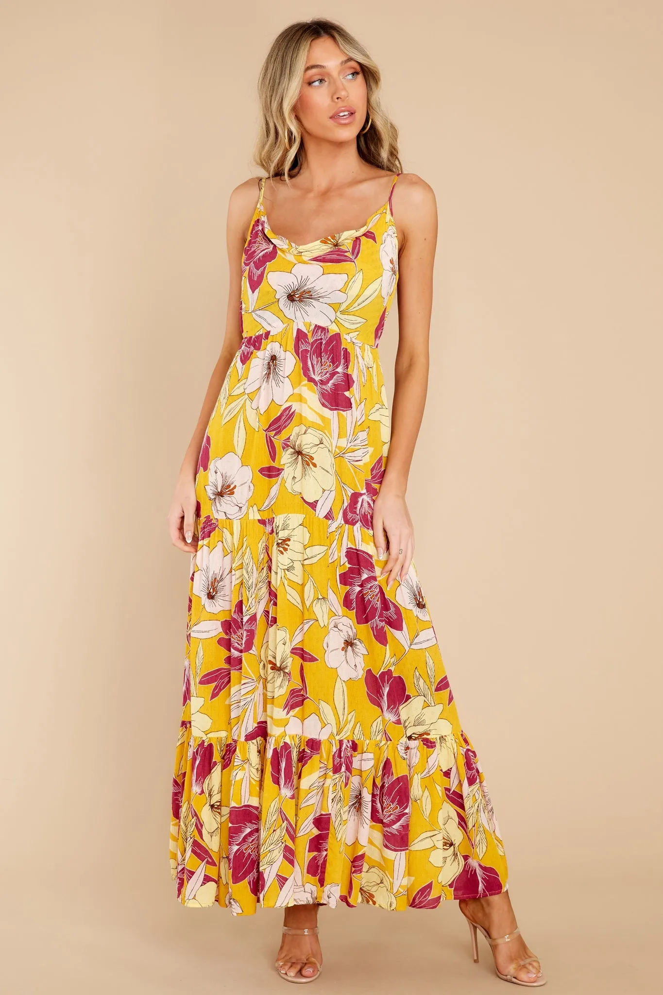 Lovescape Gold Floral Cowl Neck Maxi Dress