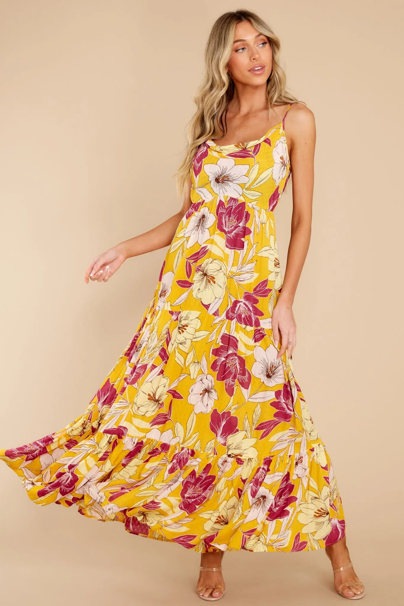 Lovescape Gold Floral Cowl Neck Maxi Dress