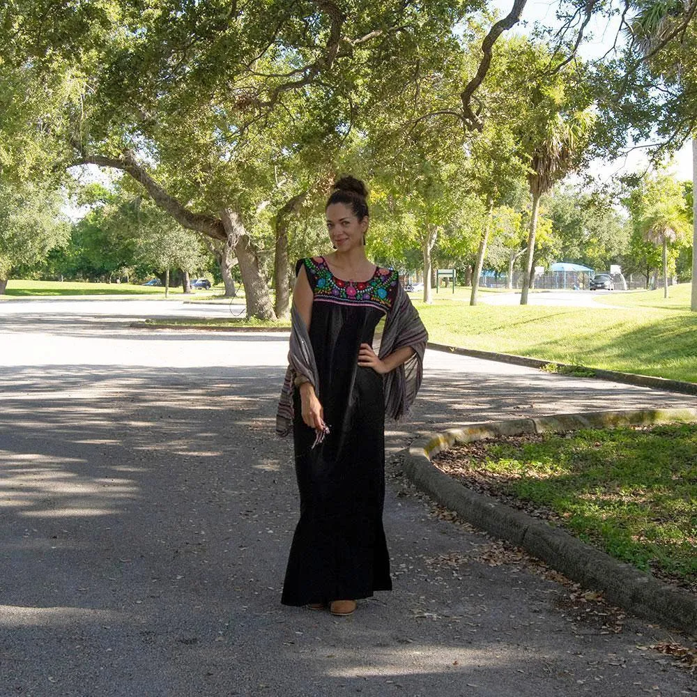 Maxi Isidra, Black Dress Hand embroidered with Colorful Flowers.