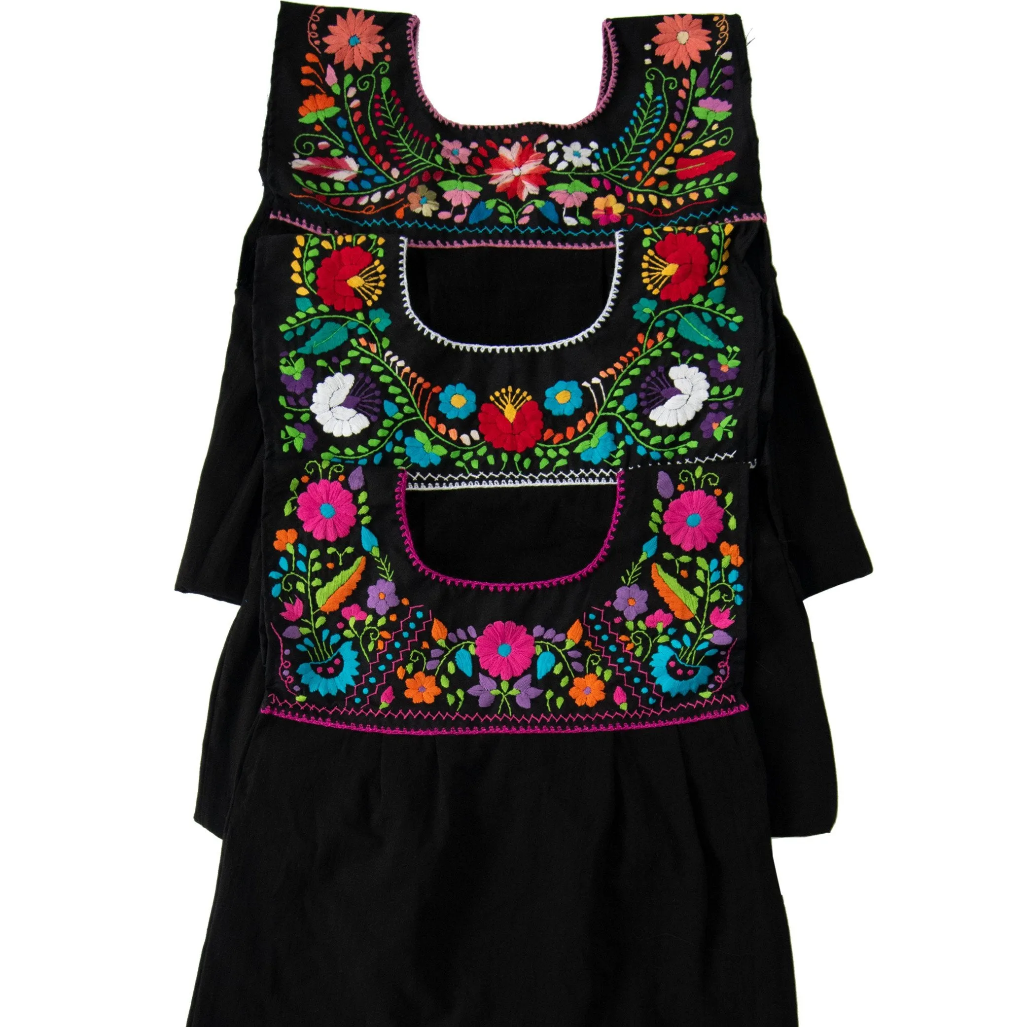 Maxi Isidra, Black Dress Hand embroidered with Colorful Flowers.