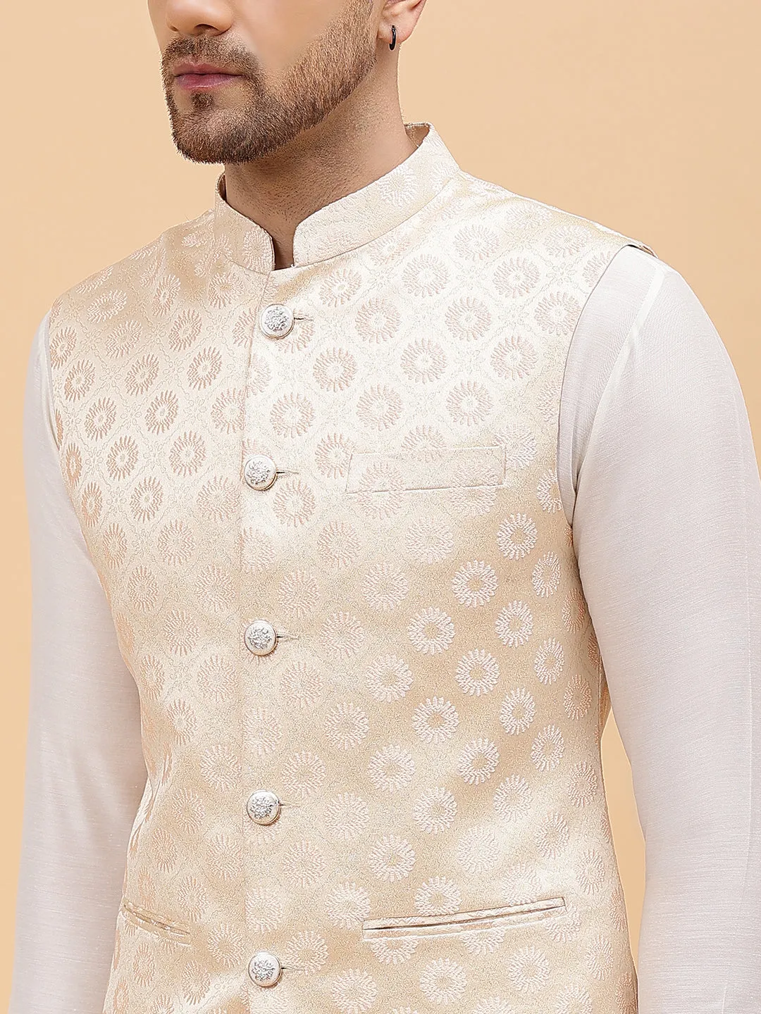 Men Gold Woven Design Jacquard Neharu Jacket