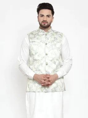 Men Lime-Green Printed Satin Nehru Jacket