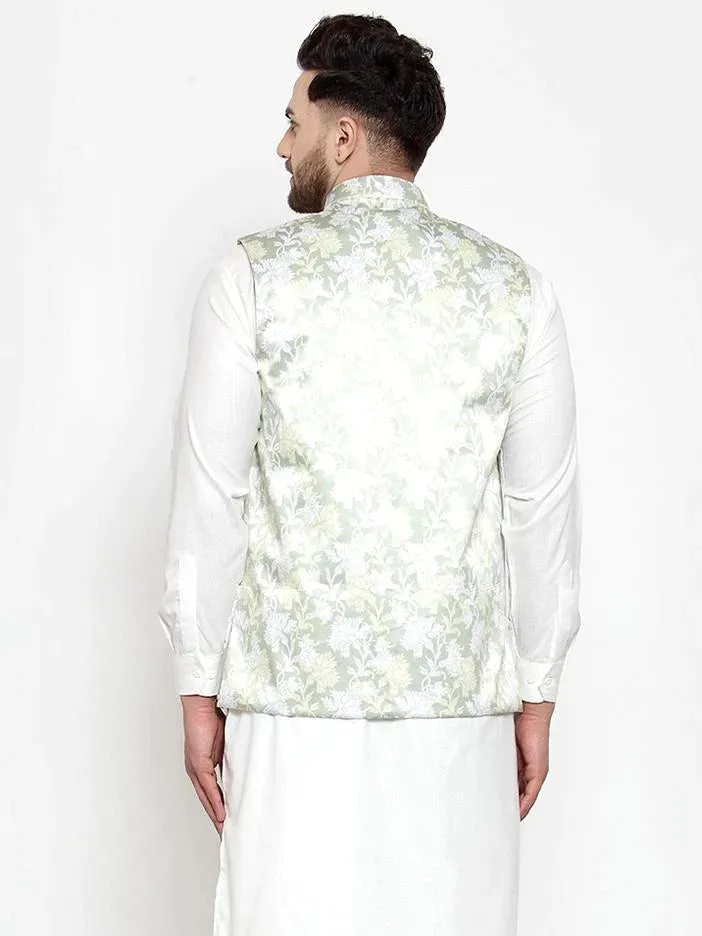 Men Lime-Green Printed Satin Nehru Jacket