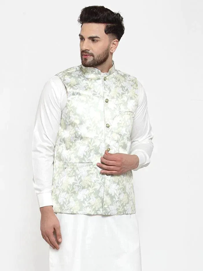 Men Lime-Green Printed Satin Nehru Jacket