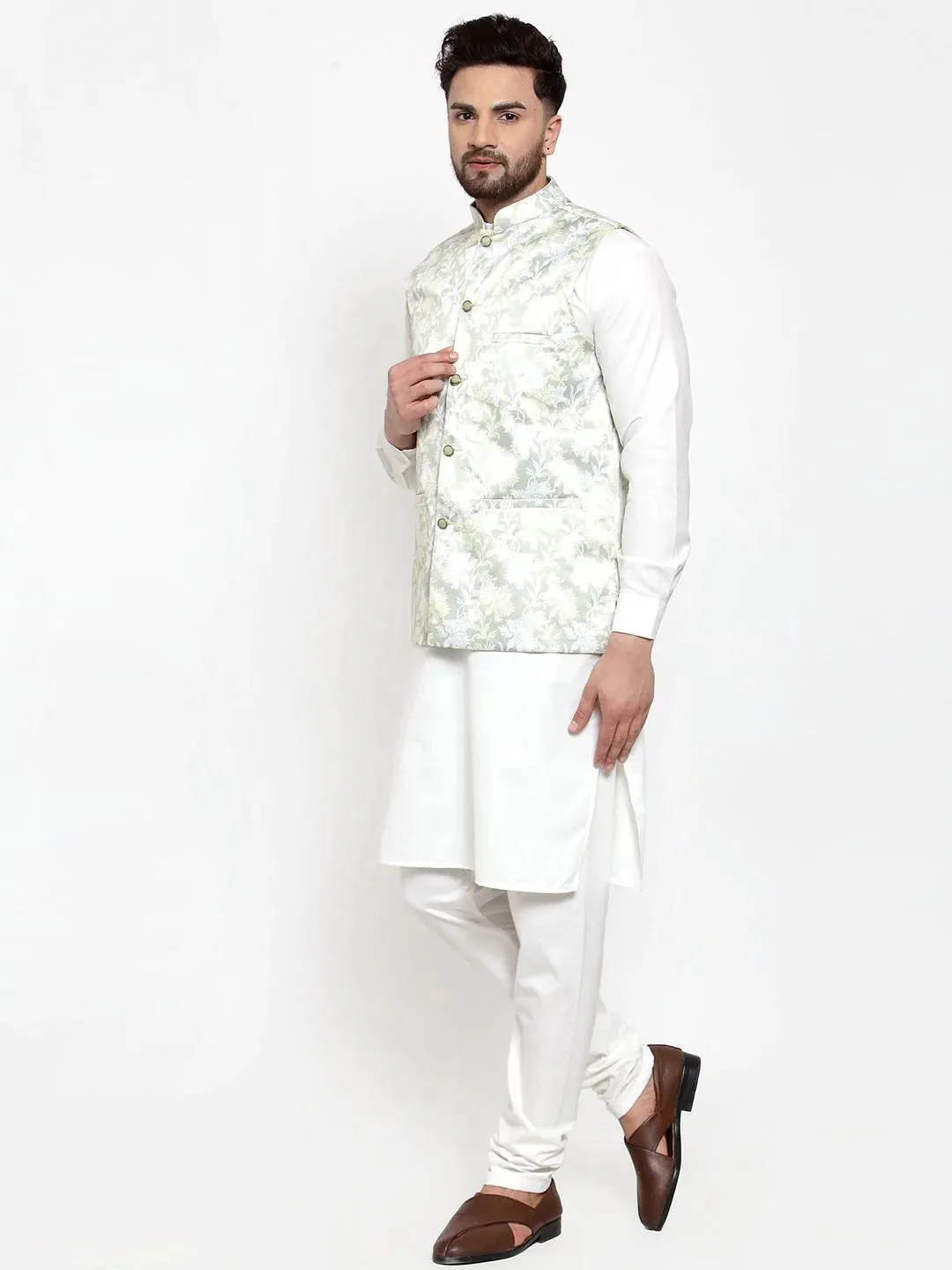 Men Lime-Green Printed Satin Nehru Jacket