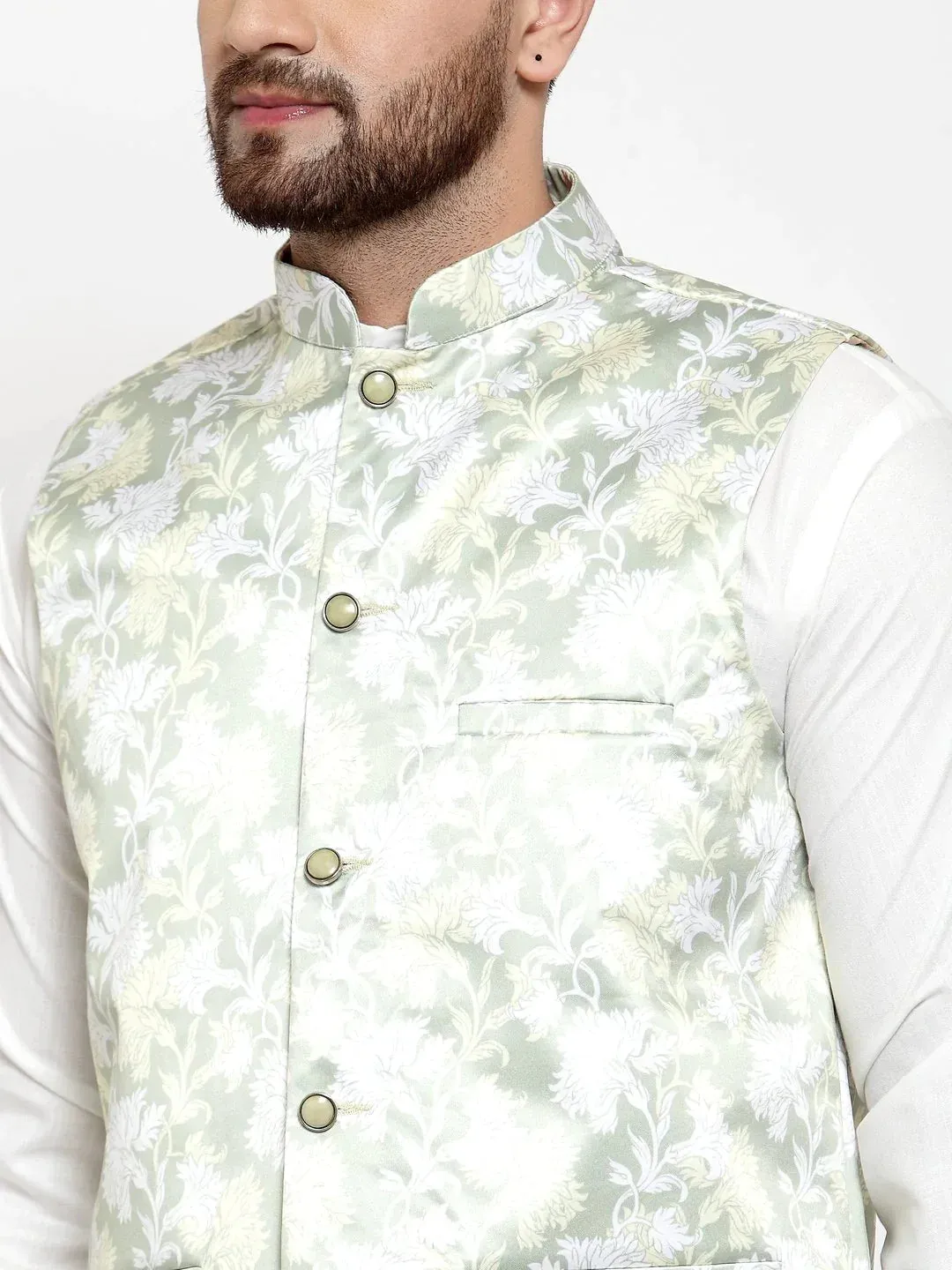 Men Lime-Green Printed Satin Nehru Jacket