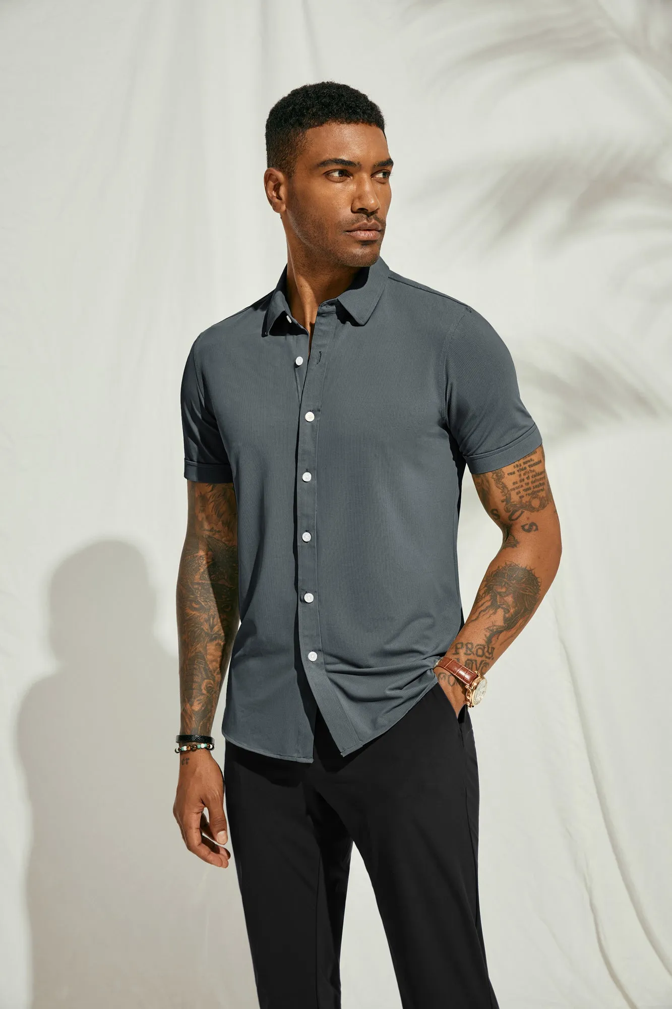 Mens Short Sleeve Casual Button Down Shirts 4-Way Stretch Travel Dress Shirt