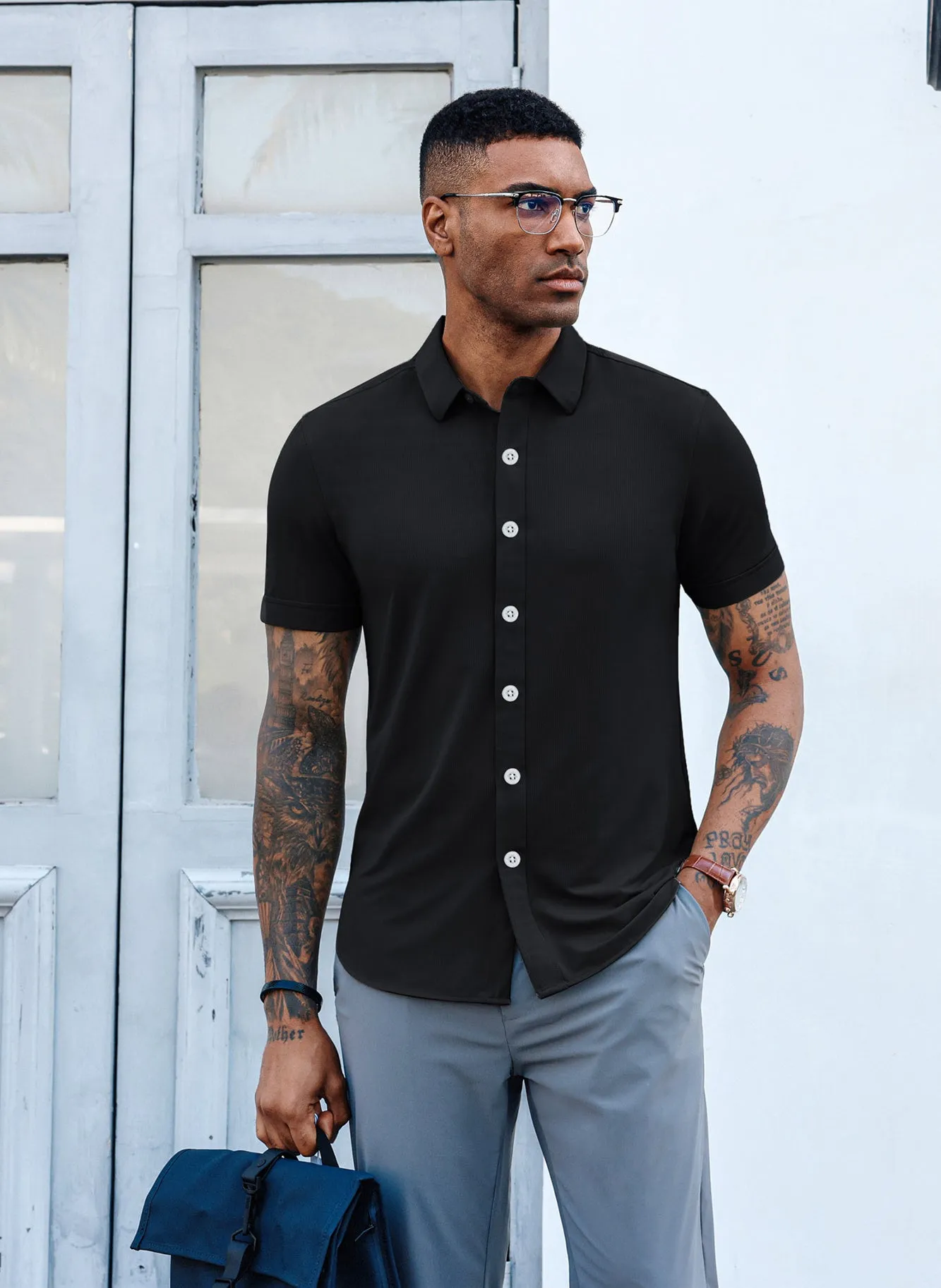 Mens Short Sleeve Casual Button Down Shirts 4-Way Stretch Travel Dress Shirt