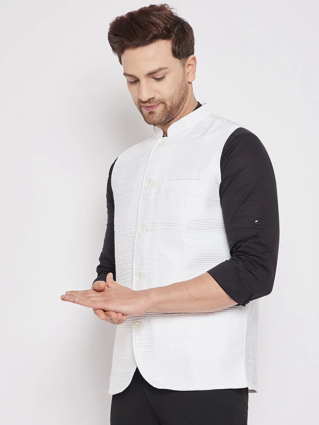 Men's White Color Woven Nehru Jacket - Even Apparels