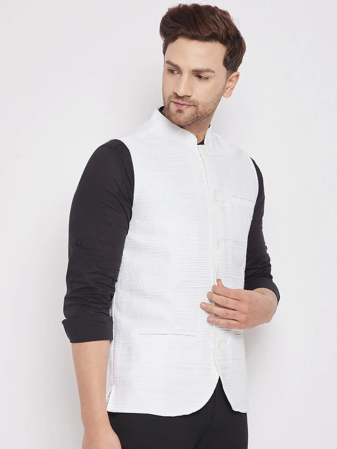 Men's White Color Woven Nehru Jacket - Even Apparels