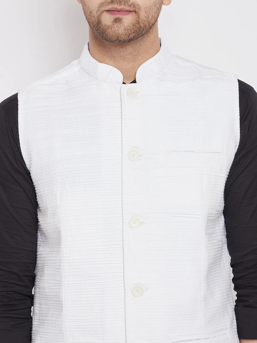 Men's White Color Woven Nehru Jacket - Even Apparels