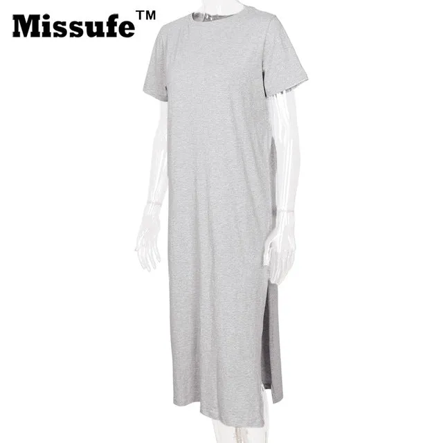 Missufe Casual Loose T-shirt Dress 2017 Summer Style Women Clothing High Split Straight Midi Tunic Sarafan Beach Robe