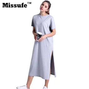 Missufe Casual Loose T-shirt Dress 2017 Summer Style Women Clothing High Split Straight Midi Tunic Sarafan Beach Robe