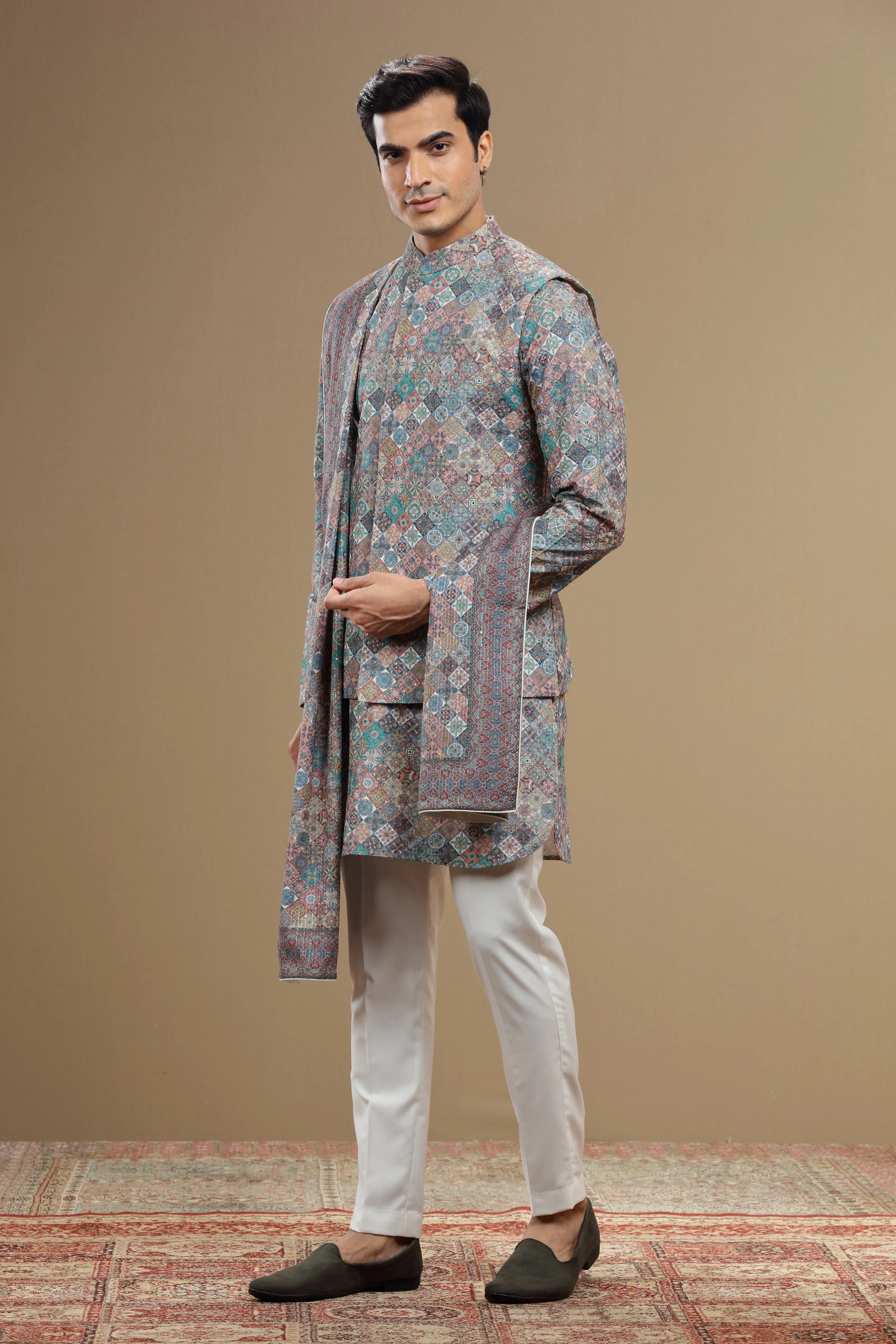 Multicolor Silk Jacket With Geometric Print Sequin Work