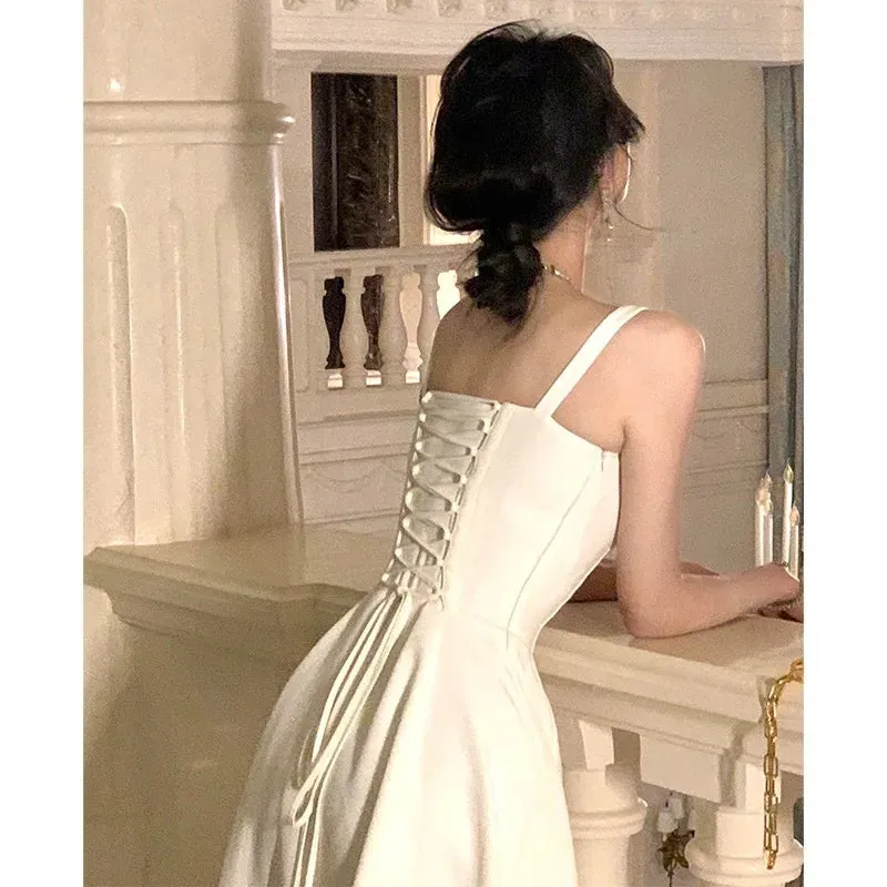 New White Vintage Split Slip Dress Sleeveless A-line Elegant Bohemian Sexy Fishbone Bandage Dresses Female Summer Backless