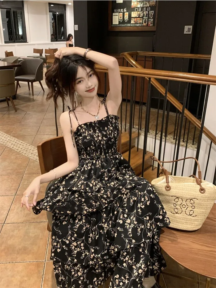 Nsquared Y2k Korean Style One Piece Floral Dress | Women Vintage Elegant Layered High Waist Black Long Slip Fairy Dresses Summer