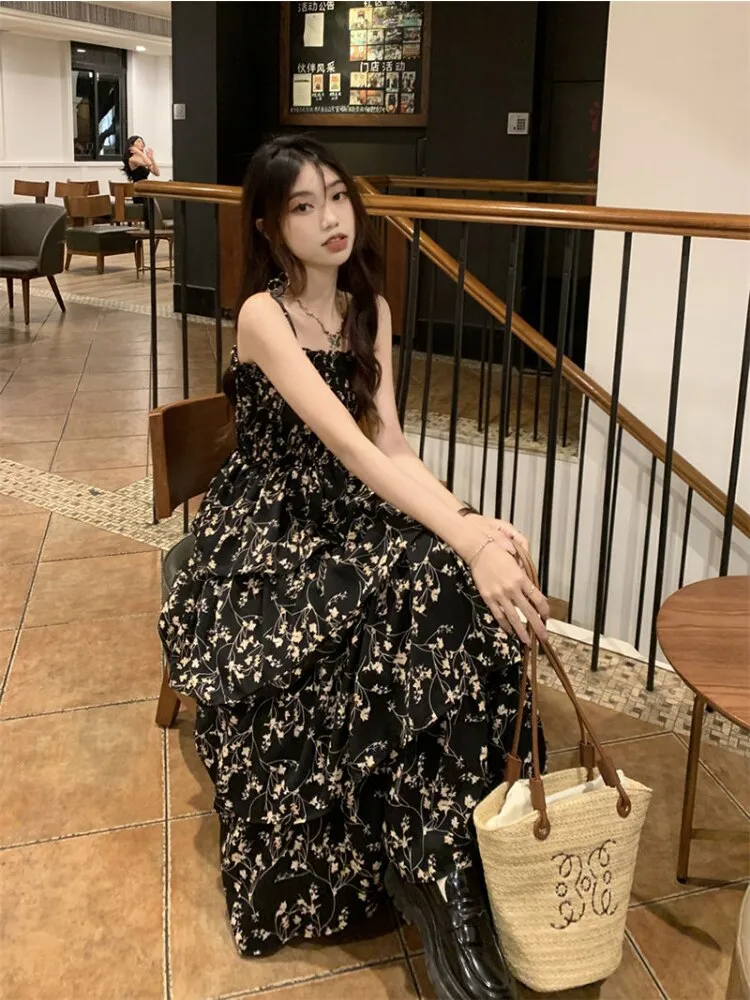 Nsquared Y2k Korean Style One Piece Floral Dress | Women Vintage Elegant Layered High Waist Black Long Slip Fairy Dresses Summer