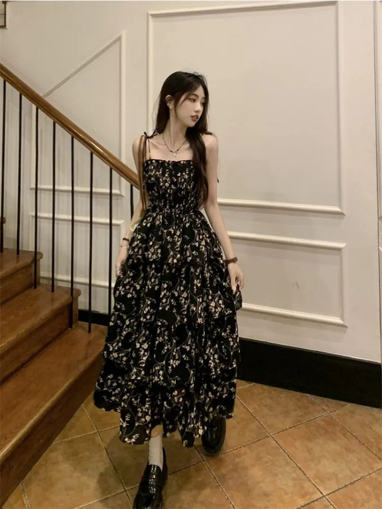 Nsquared Y2k Korean Style One Piece Floral Dress | Women Vintage Elegant Layered High Waist Black Long Slip Fairy Dresses Summer