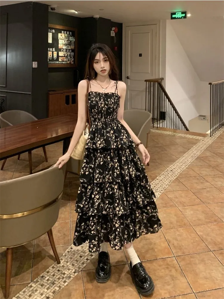 Nsquared Y2k Korean Style One Piece Floral Dress | Women Vintage Elegant Layered High Waist Black Long Slip Fairy Dresses Summer