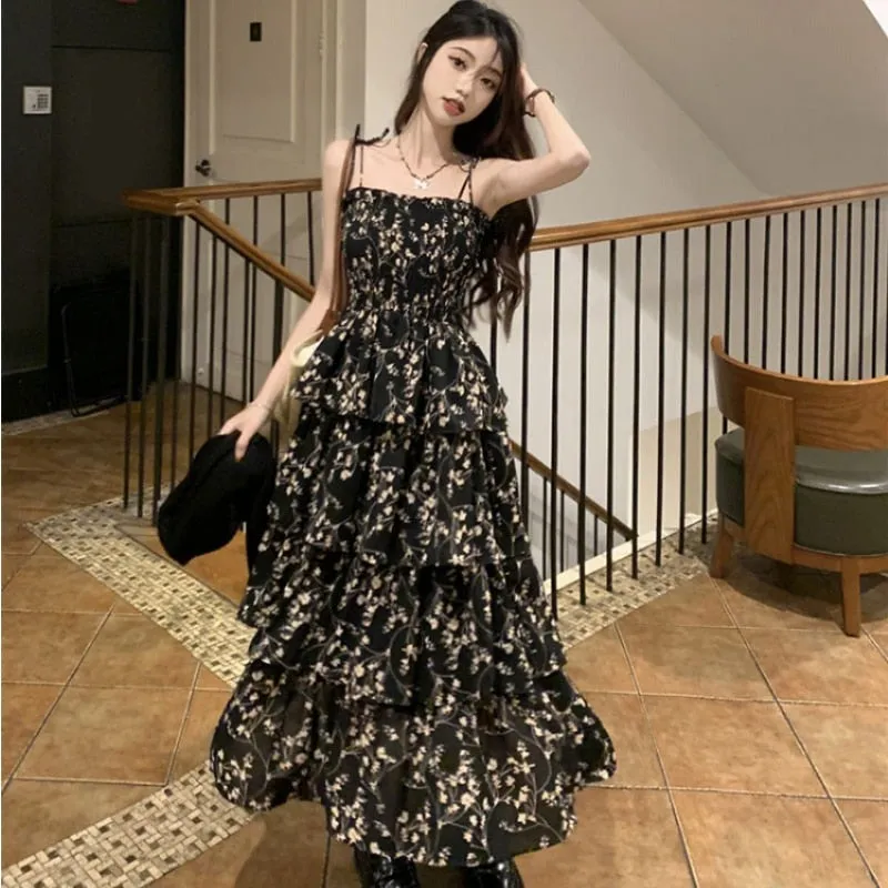 Nsquared Y2k Korean Style One Piece Floral Dress | Women Vintage Elegant Layered High Waist Black Long Slip Fairy Dresses Summer