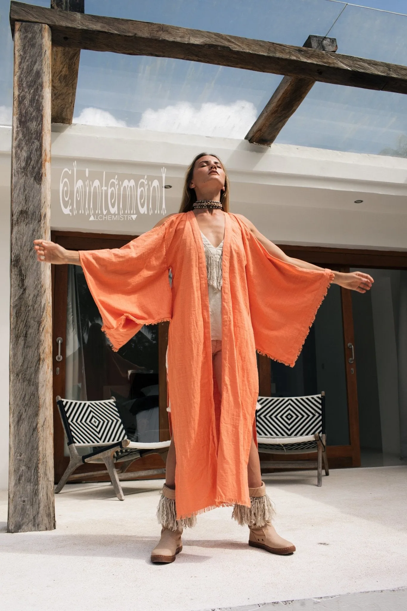 Organic Cotton Kimono Robe / Women Boho Cardigan / Coral