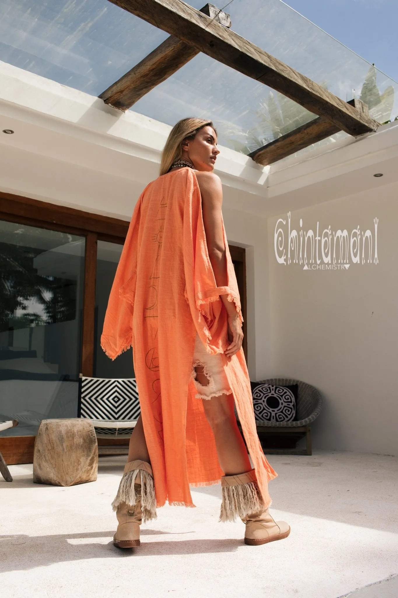 Organic Cotton Kimono Robe / Women Boho Cardigan / Coral