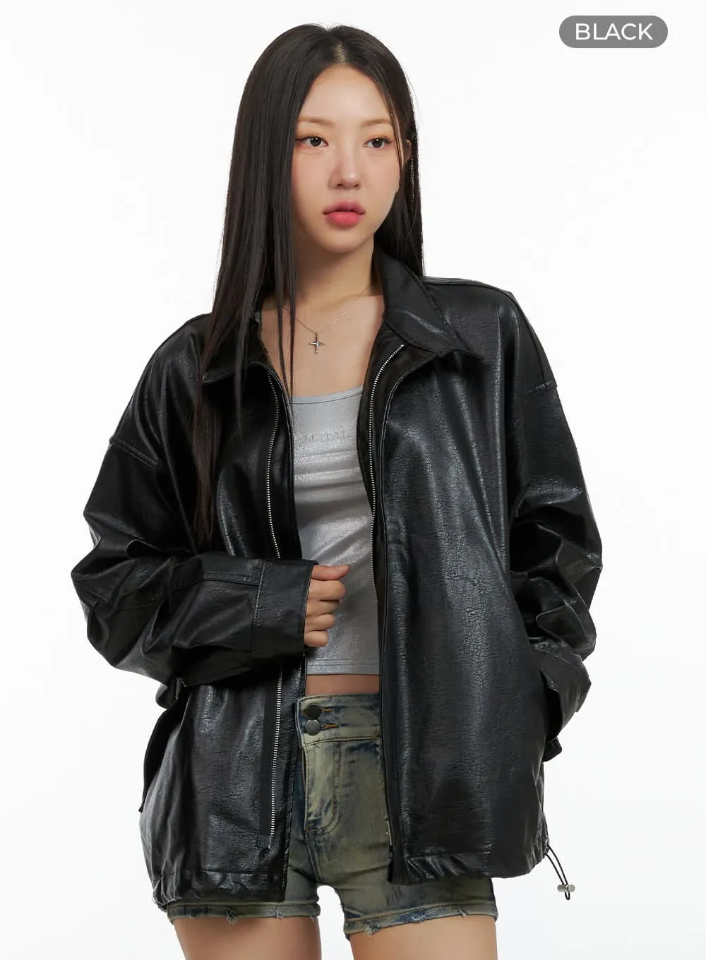 Oversize Zip-Up Faux Leather Jacket OL408