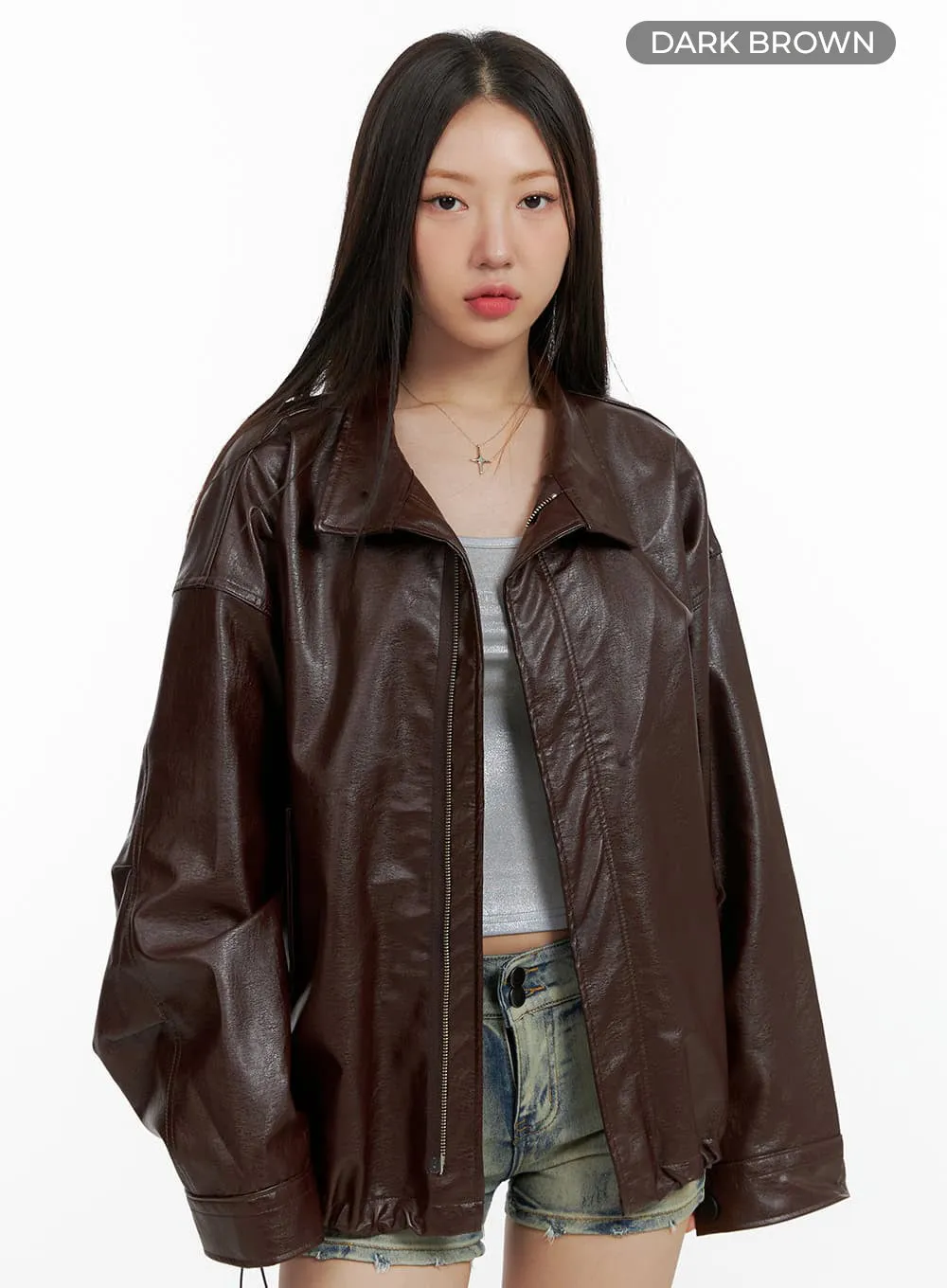 Oversize Zip-Up Faux Leather Jacket OL408