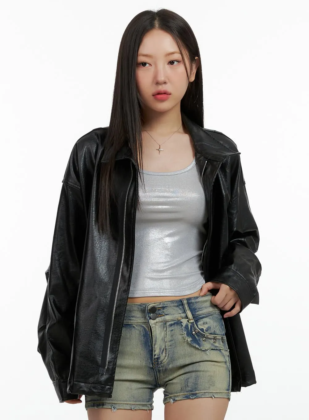 Oversize Zip-Up Faux Leather Jacket OL408