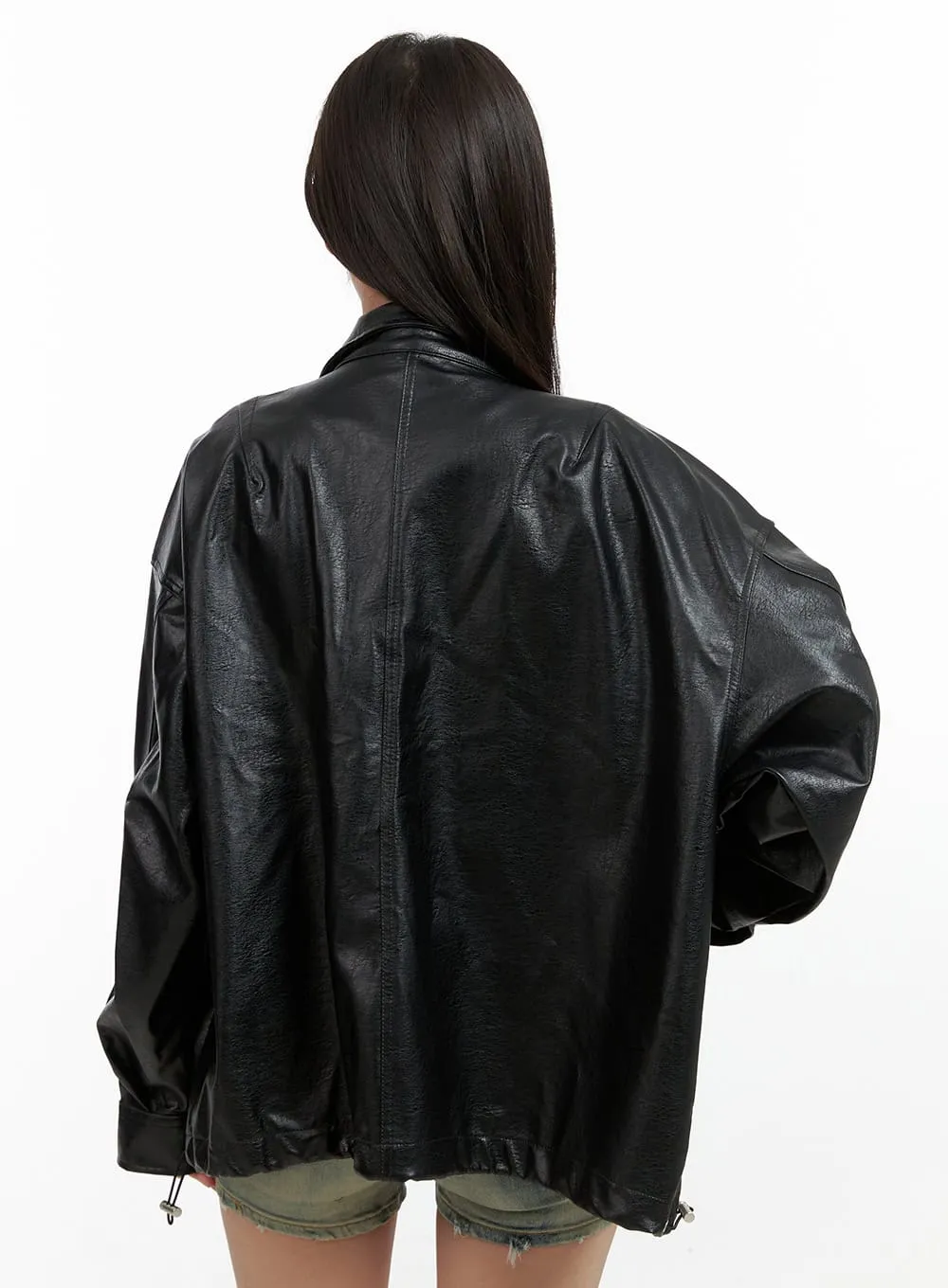 Oversize Zip-Up Faux Leather Jacket OL408