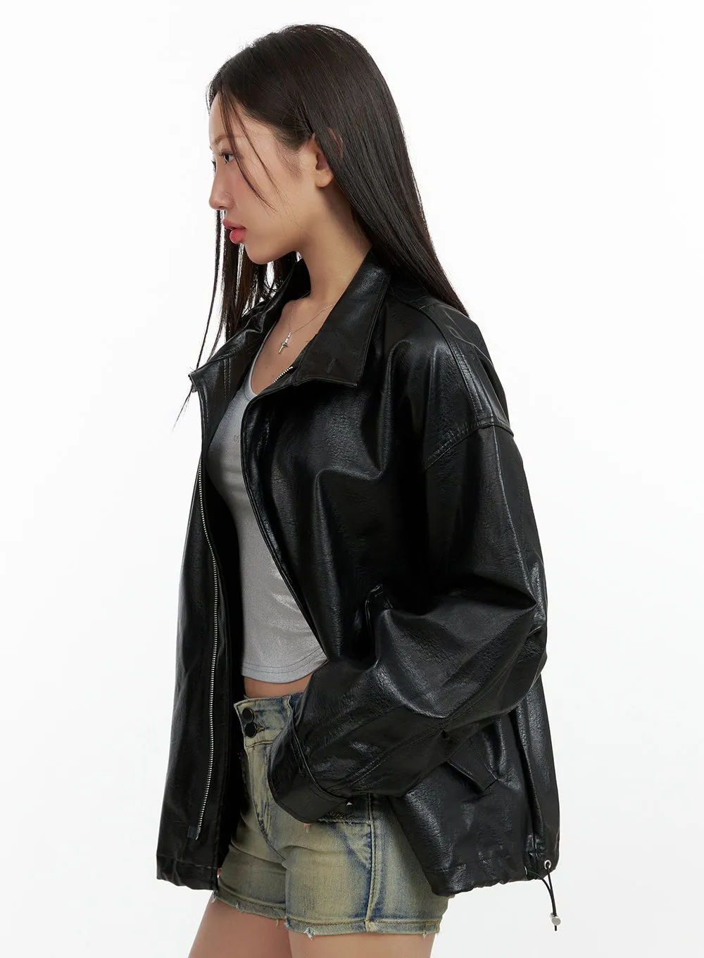 Oversize Zip-Up Faux Leather Jacket OL408