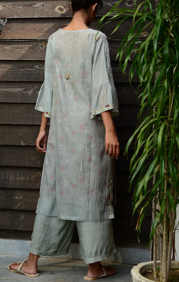 Pale Grey Kurta with Pants and Printed Slip Dress