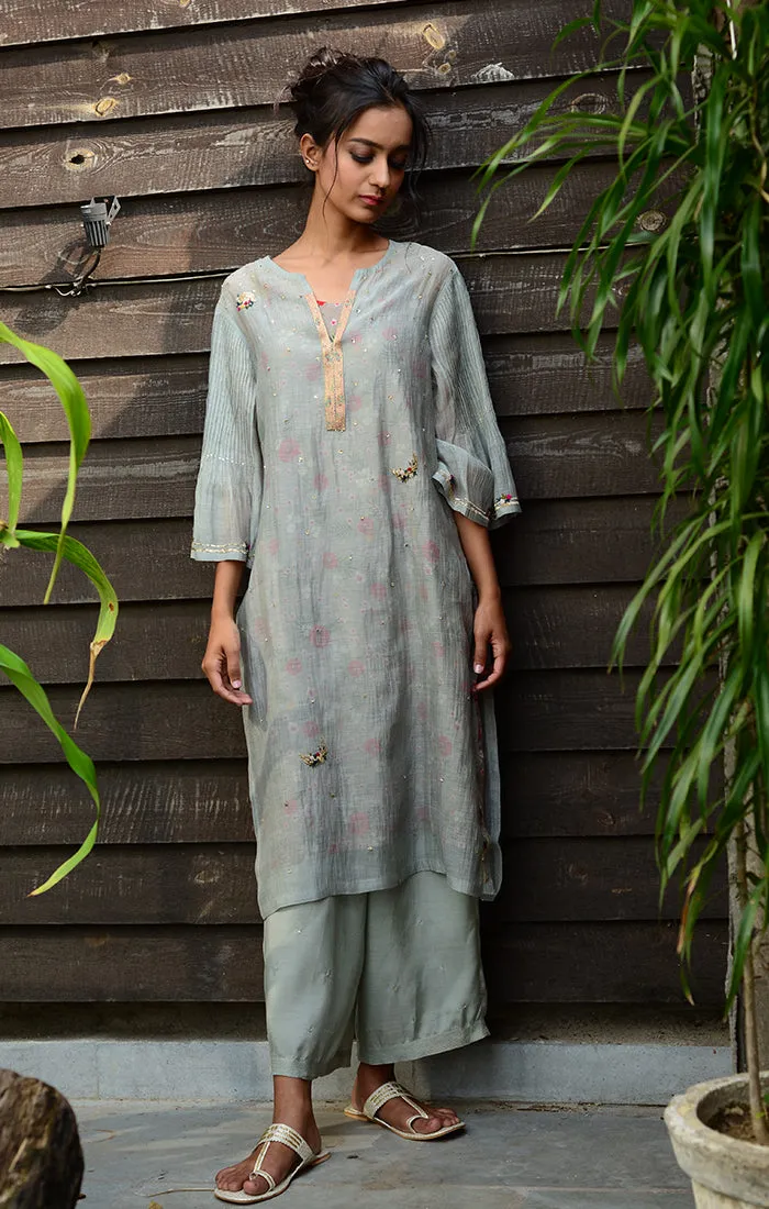 Pale Grey Kurta with Pants and Printed Slip Dress